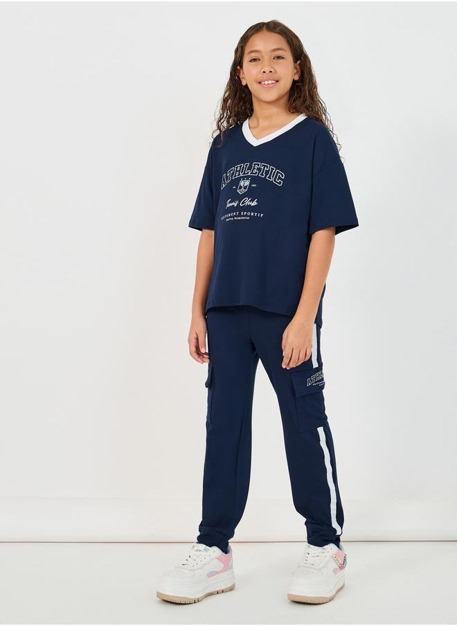 Styli Graphic Print V-Neck T-Shirt & Tape Detail Cargo Joggers Co-Ords  - Image 2