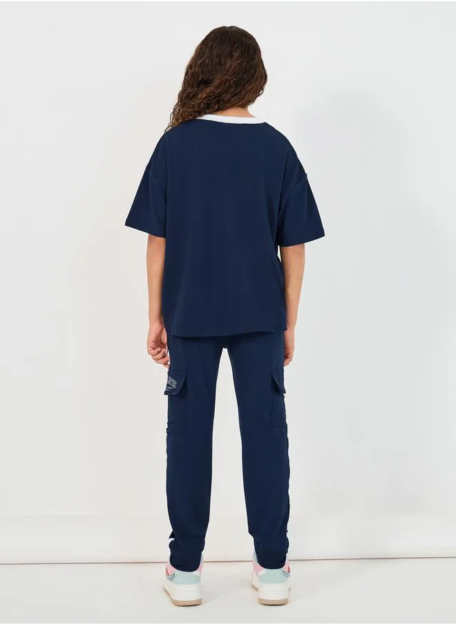 Styli Graphic Print V-Neck T-Shirt & Tape Detail Cargo Joggers Co-Ords