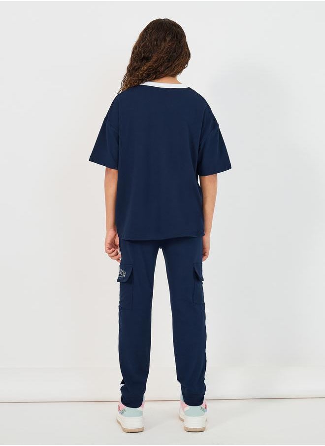 Styli Graphic Print V-Neck T-Shirt & Tape Detail Cargo Joggers Co-Ords  - Image 5