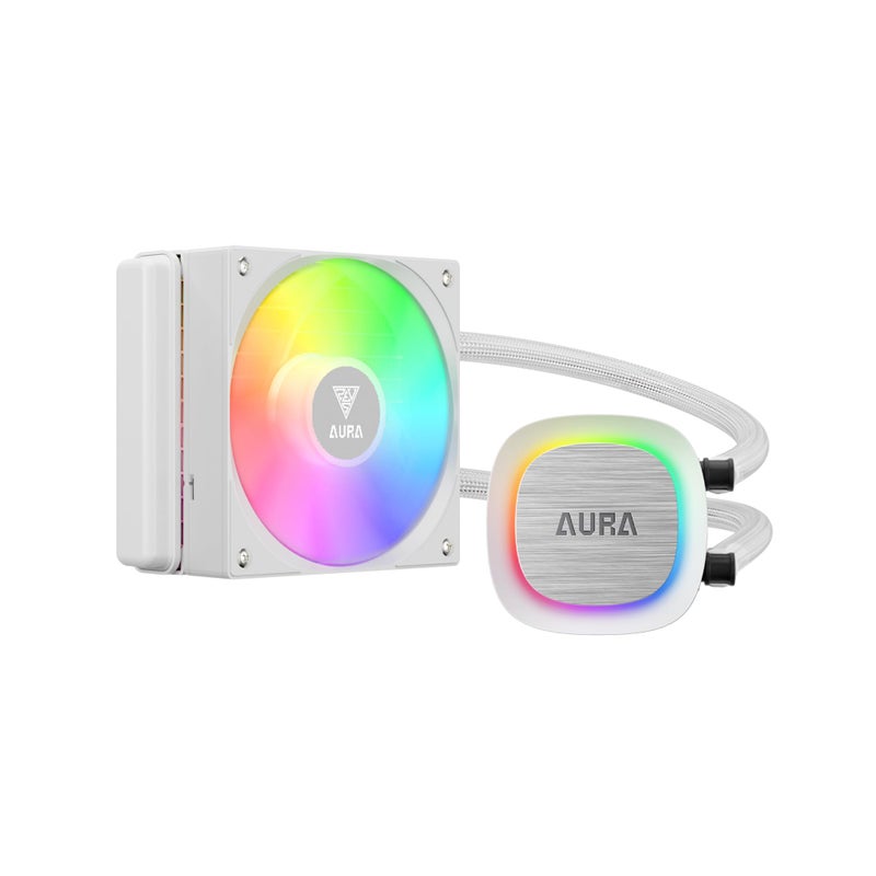 GAMDIAS GAMDIAS 120mm AIO Water Cooler for CPU, Motherboard ARGB SYNC, Rotatable Pump Housing, 30 Built-in Light Effects, Intel LGA 1700 / AMD AM5 Ready, White, AURA GL120 V2 WH  - Image 1