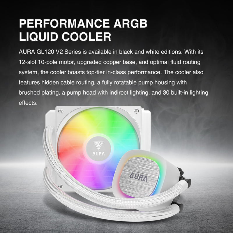 GAMDIAS GAMDIAS 120mm AIO Water Cooler for CPU, Motherboard ARGB SYNC, Rotatable Pump Housing, 30 Built-in Light Effects, Intel LGA 1700 / AMD AM5 Ready, White, AURA GL120 V2 WH  - Image 2