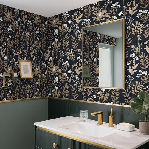 Abyssaly Black and Gold Wallpaper Dark Floral Peel and Stick Wallpaper Vintage Leaf Contact Paper Removable Self Adhesive Moody Botanical Vinyl Wrap for Bedroom Bathroom Shelf DIY Decor 17.3" x 118" - Image 3