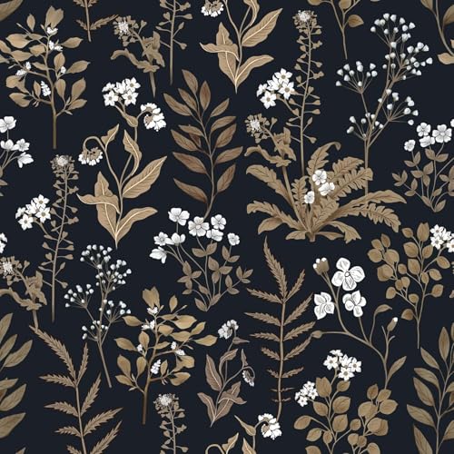 Abyssaly Black and Gold Wallpaper Dark Floral Peel and Stick Wallpaper Vintage Leaf Contact Paper Removable Self Adhesive Moody Botanical Vinyl Wrap for Bedroom Bathroom Shelf DIY Decor 17.3" x 118" - Image 1