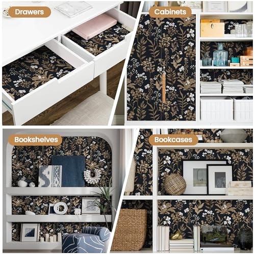 Abyssaly Black and Gold Wallpaper Dark Floral Peel and Stick Wallpaper Vintage Leaf Contact Paper Removable Self Adhesive Moody Botanical Vinyl Wrap for Bedroom Bathroom Shelf DIY Decor 17.3" x 118" - Image 4