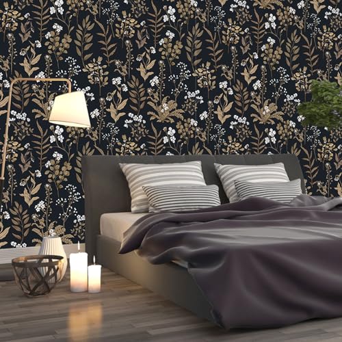 Abyssaly Black and Gold Wallpaper Dark Floral Peel and Stick Wallpaper Vintage Leaf Contact Paper Removable Self Adhesive Moody Botanical Vinyl Wrap for Bedroom Bathroom Shelf DIY Decor 17.3" x 118" - Image 2