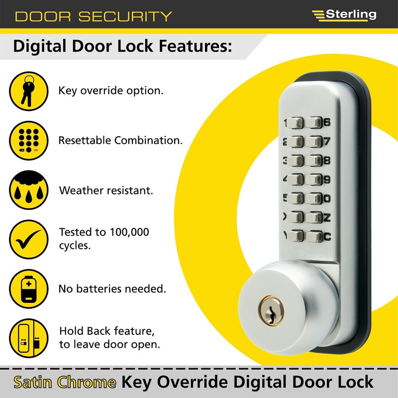 Sterling S2240 Digital Door with 14Push Button and Hold Back Function with Key Over Ride Satin Chrome - Image 2
