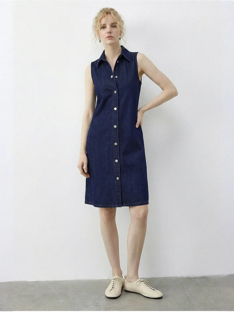 Bianco Lucci LUCCI Mini Denim Dress with Shirt Collar and Pocket