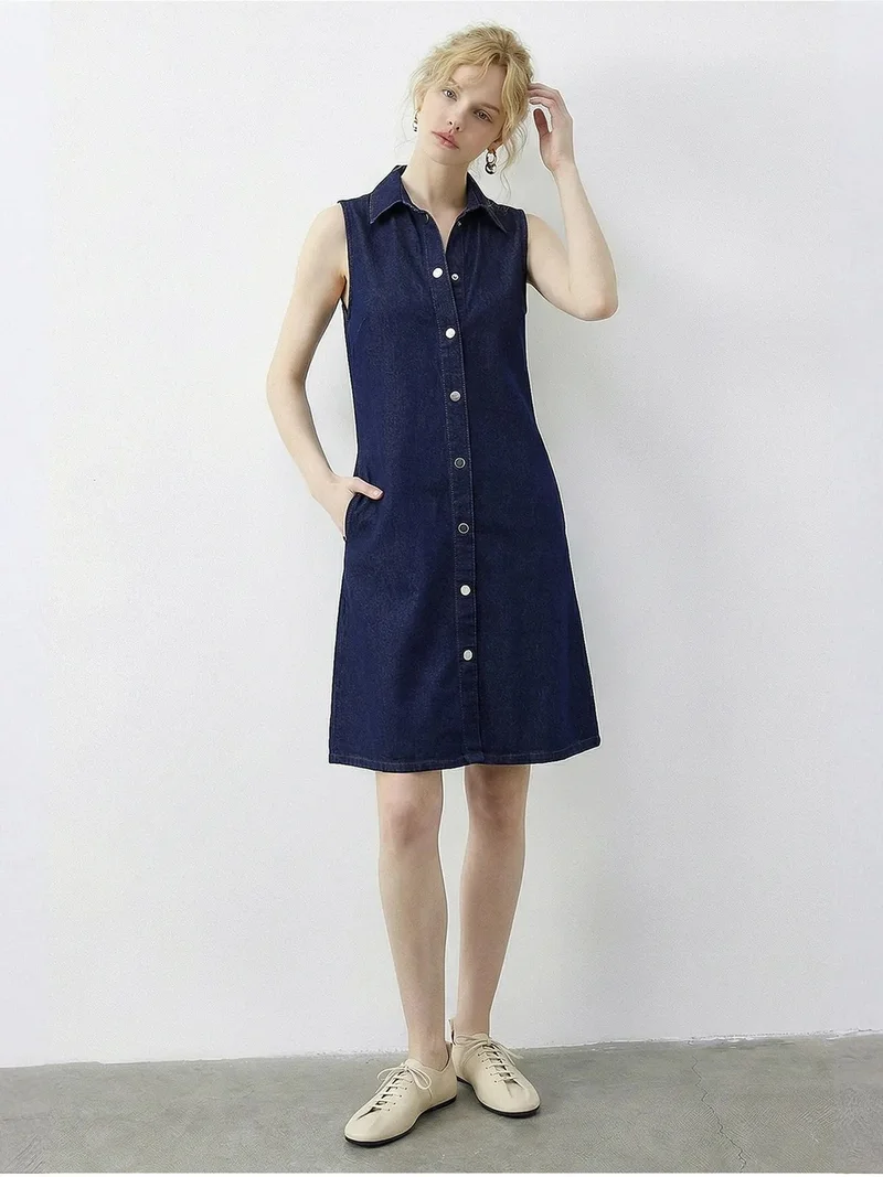 Bianco Lucci LUCCI Mini Denim Dress with Shirt Collar and Pocket