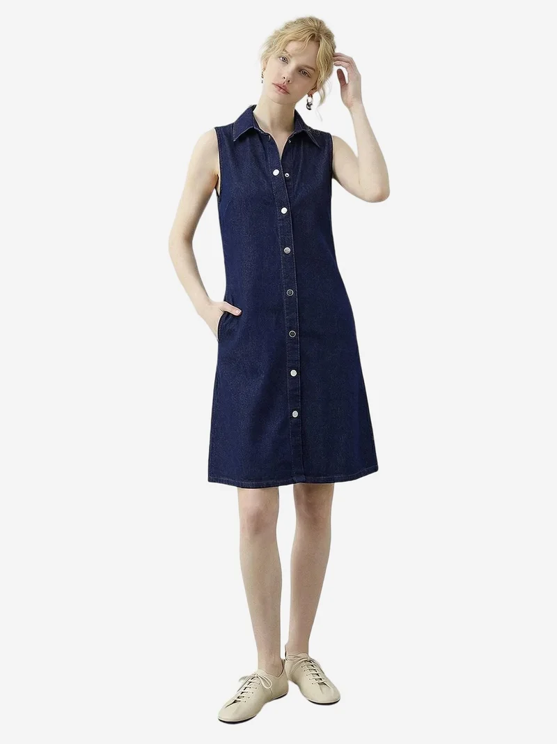 Bianco Lucci LUCCI Mini Denim Dress with Shirt Collar and Pocket