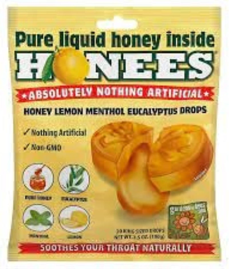 Honees Filled Honey Lemon Cough Drops Filled with Honey Menthol Lemon and Eucalyptus Nothing Artificial Natural Sore Throat Lozenges NonGMO Gluten Free 2 Pack 40 Drops - Image 1