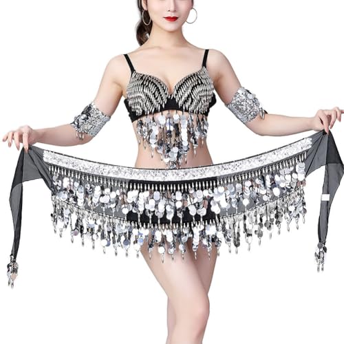 Nimiman Sequin Coins Fringe Belly Dance Hip Scarves Tassel Dance Belt Skirt for Women (Silver) - Image 1