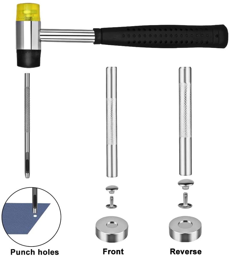 TLKKUE 240 Sets Rivets for Leather 3 Sizes Double Cap Rivets Tubular 4 Colors Leather Rivets with Rubber Hammer Fixing Tool Kit 4 Pieces for DIY Leather Craft Clothes Shoes Decoration and Repair - Image 3