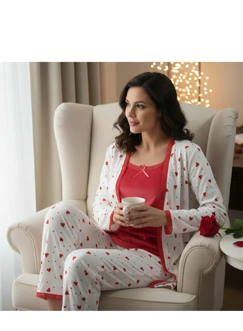 طقم بيجامة نسائية قطيفة، ٣ قطع، لون بطيخي غامق مع تطريز دانتيل، تصميم شيك مع ربطة قطيفة - Image 1
