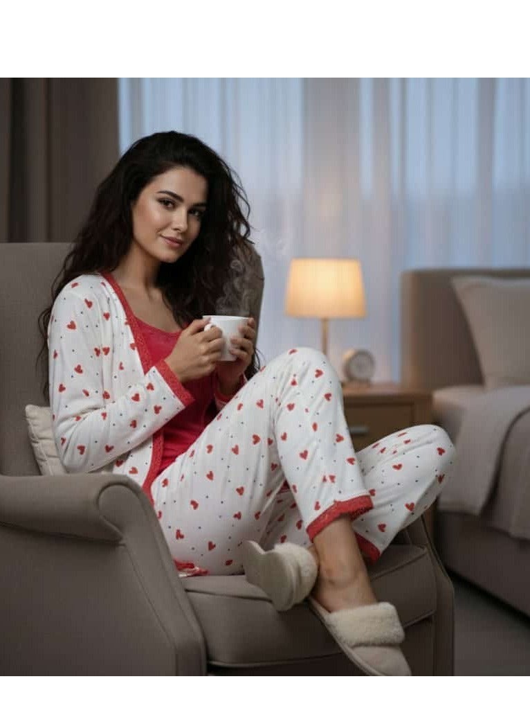 طقم بيجامة نسائية قطيفة، ٣ قطع، لون بطيخي غامق مع تطريز دانتيل، تصميم شيك مع ربطة قطيفة - Image 5