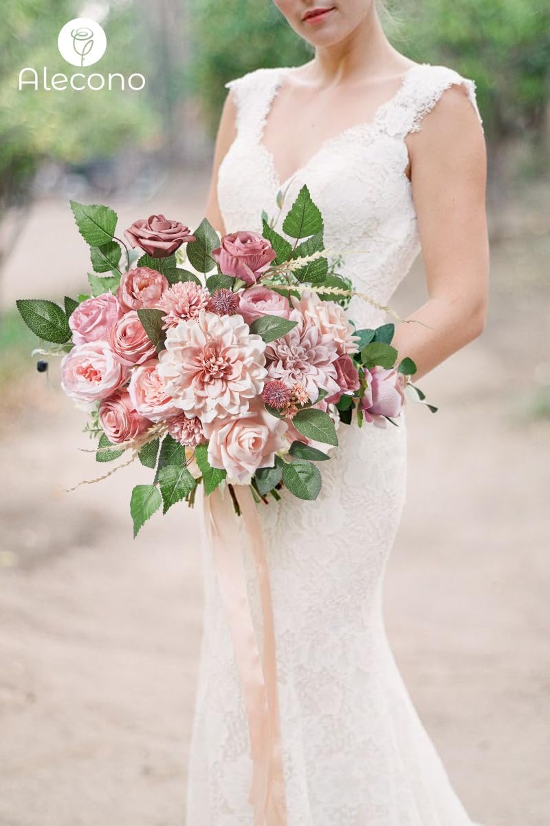 Alecono Artificial Flowers, Dusty Pink Silk Fake Flowers for DIY Wedding Bridal Bouquets, 𝙎𝙚𝙩 𝙤𝙛 𝟮, Wedding Cake Flowers for Table Centerpieces Baby Shower Birthday Party Home Decorations - Image 5