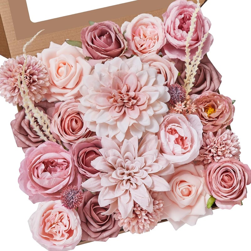 Alecono Artificial Flowers, Dusty Pink Silk Fake Flowers for DIY Wedding Bridal Bouquets, 𝙎𝙚𝙩 𝙤𝙛 𝟮, Wedding Cake Flowers for Table Centerpieces Baby Shower Birthday Party Home Decorations - Image 1