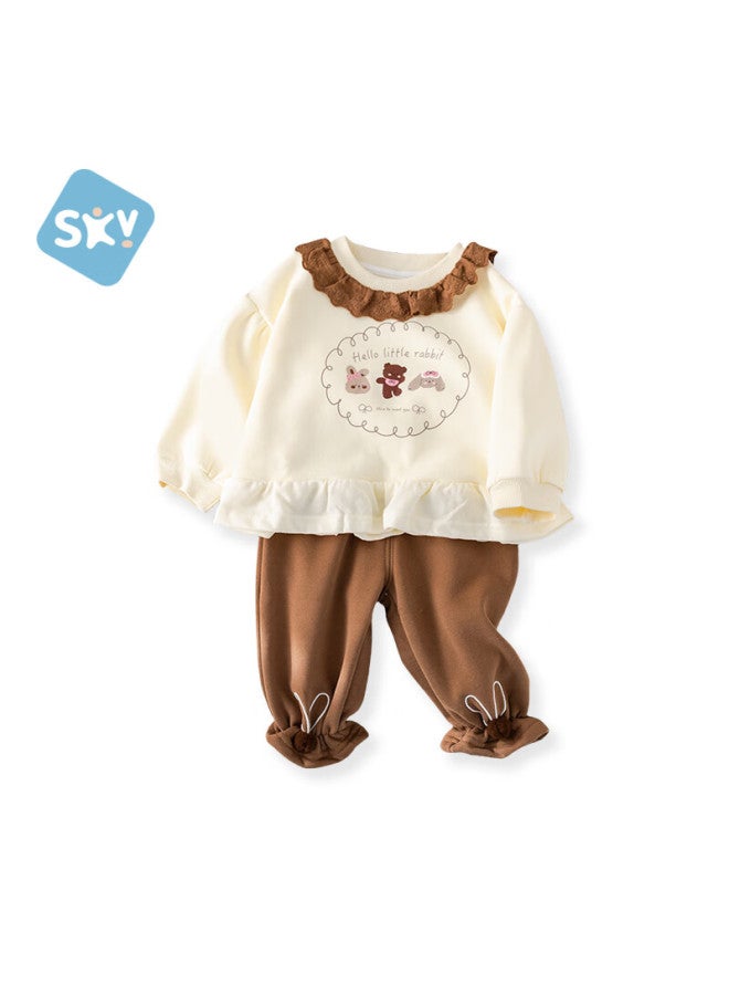 Shubeiyi Girls' New Year Outfit Set, Baby Clothes, Little Rabbit Lace Trim Stylish Sweatshirt, Children's Two-piece Set, Coffee Color, Size 130