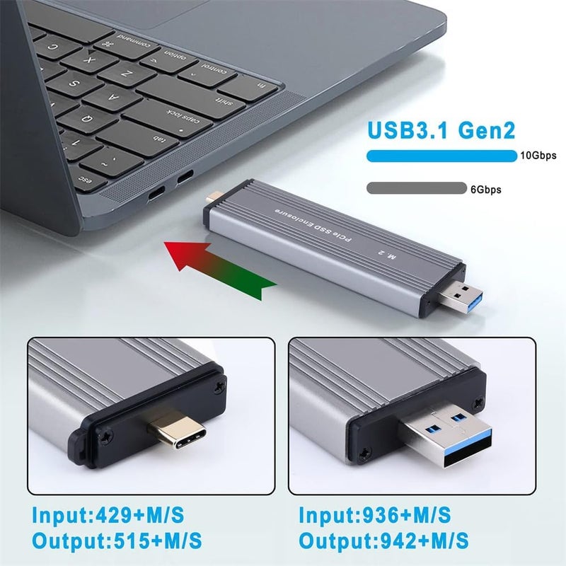 M.2 NVMe PCIe SSD Enclosure Adapter, USB 3.2 Type C to M.2 NVMe/SATA, 10Gbps Transfer Speed, Aluminum Alloy Case, Supports M, B, B+M Keys, 2TB SSD 2230/2242/2260/2280 - Image 3