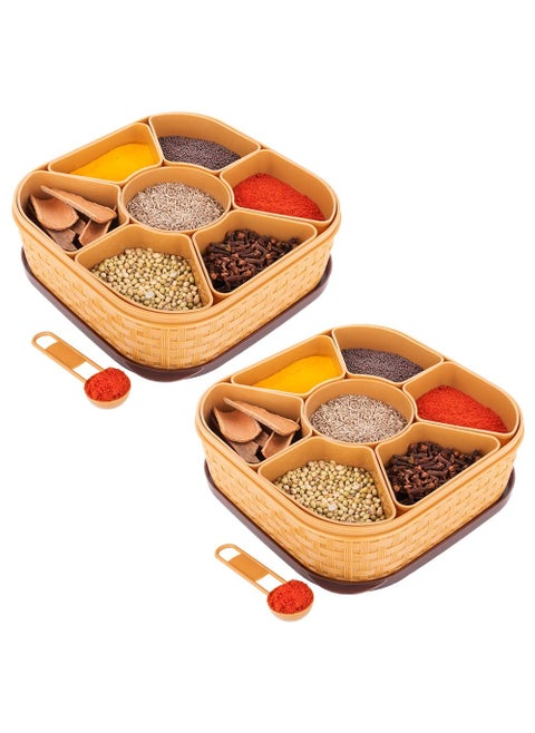 Primelife Plastic 7 IN 1 Elegant Masala Multipurpose Masala Rangoli Dabba Box Set Masala Container Plastic Wooden Style MB Set of2