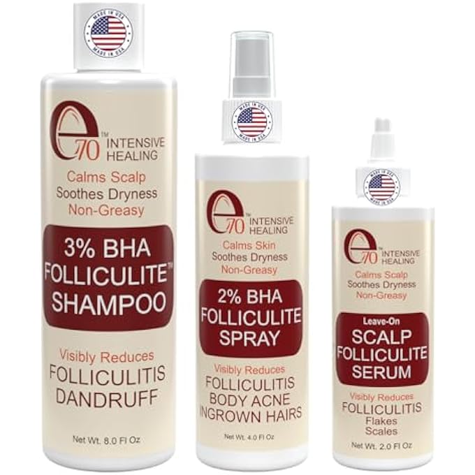 e70 FOLLICULITIS 3-PIECE SET - FOLLICULITIS SHAMPOO, DRY SCALP SERUM & BODY SPRAY WITH SALICYLIC ACID, TEA TREE OIL & PEPPERMINT OIL - SOOTHES ITCHY SCALP, RAZOR BUMPS & BLEMISHES BY - Image 1