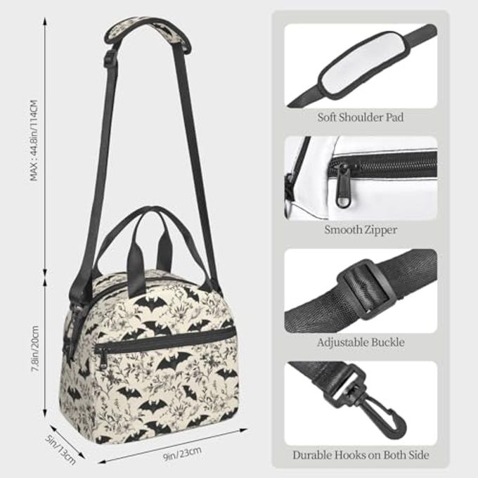 bassyil Bat Insulated Lunch Bag Reusable Lunch Box With Adjustable Shoulder Strap Cooler Tote Bag For Men Women - Image 5