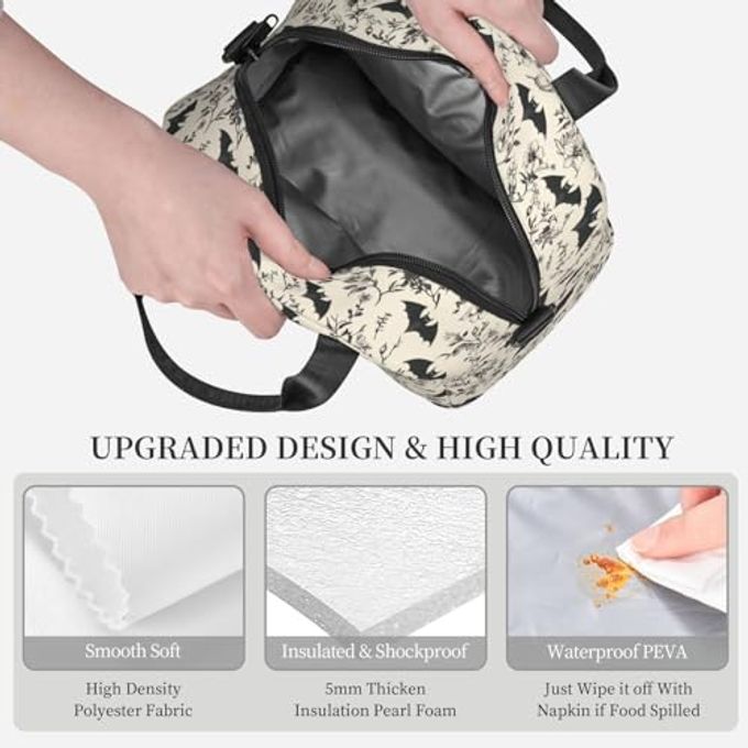 bassyil Bat Insulated Lunch Bag Reusable Lunch Box With Adjustable Shoulder Strap Cooler Tote Bag For Men Women - Image 3