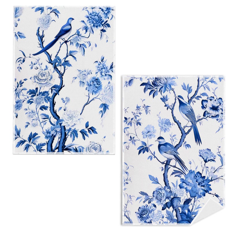 Qpenm Chinoiserie Wildflower Bird Kitchen Towels Set of 2  Retro Chinoiserie Tea Waffle Weave Towels for Kitchen Decorative Chinoiserie Farmhouse Dish Towels Waffle Weave 16 X 24 Inch