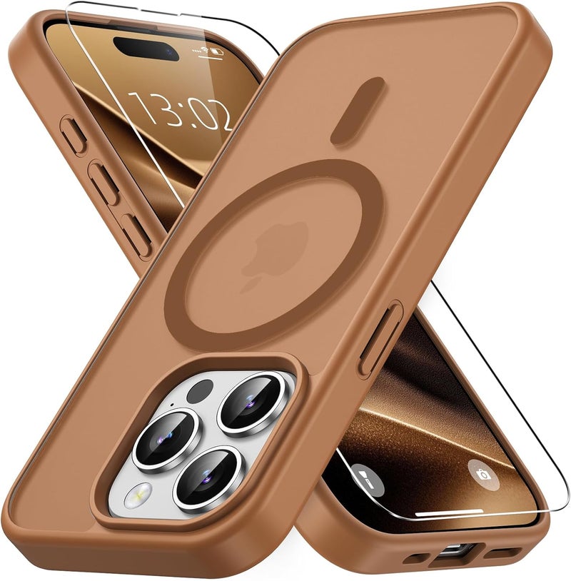 Vansdon Magnetic for iPhone 15 Pro Case with 1 Protective Glass, Compatible with Magsafe, Military Standard Drop Protection, Translucent Matte Back, Shockproof Mobile Phone Case, Coffee Brown - Image 2