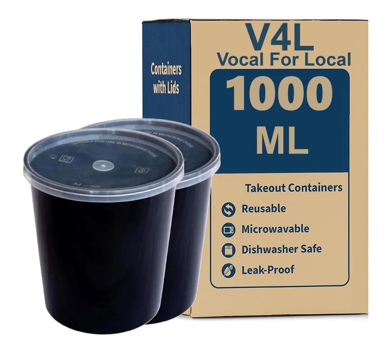 V4L Black Round Takeout Food Containers Food Storage Containers With Lids Freezer Safe Meal Prep Microwavable Dishwasher Leakproof BPA Free 1000ml Pack of 25 - Image 1
