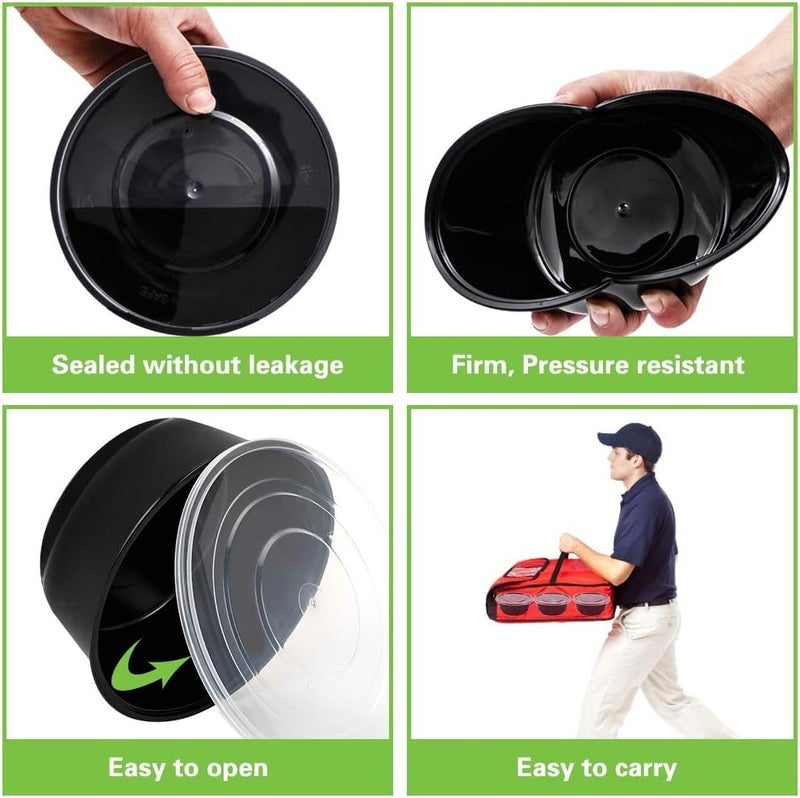 V4L Black Round Takeout Food Containers Food Storage Containers With Lids Freezer Safe Meal Prep Microwavable Dishwasher Leakproof BPA Free 1000ml Pack of 25 - Image 3