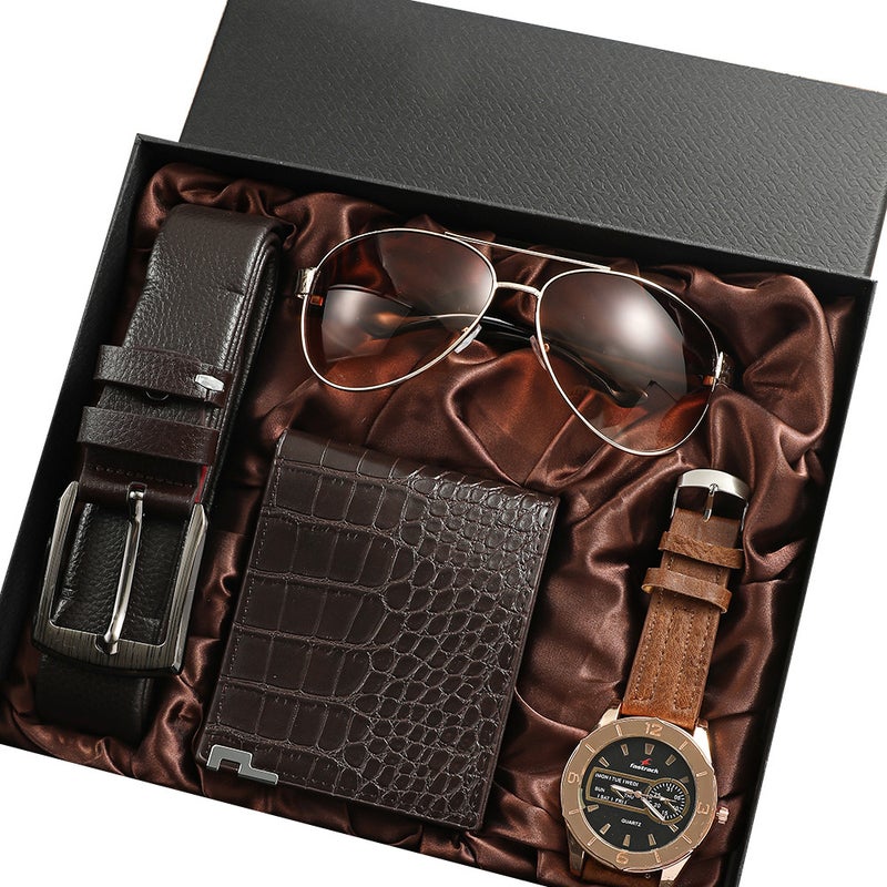 Mens Business Gift Set Watch Wallet Belt Sunglasses 4pcs Brown Black Disk Watch suit 