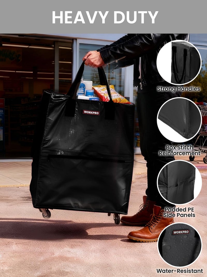 WORKPRO Medium Reusable Grocery Bag on Wheels, Heavy Duty Rolling Shopping Tote with Handle, Folding Trolley on 4 Caster Wheels for Groceries, Laundry, Camping, Moving - Image 4