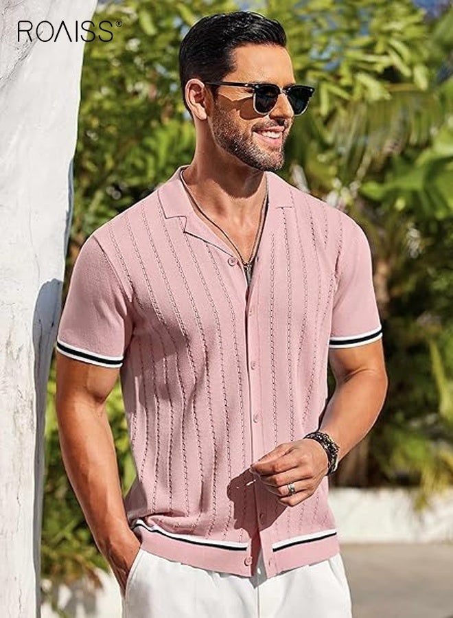 رويس قميص رجالي كاجوال محبوك بأكمام قصيرة مستوحى من الطراز الأوروبي، مصنوع من قماش قابل للتهوية وملمس بارد للصيف مع ملاءمة عصرية ضيقة باللون الوردي - Image 4