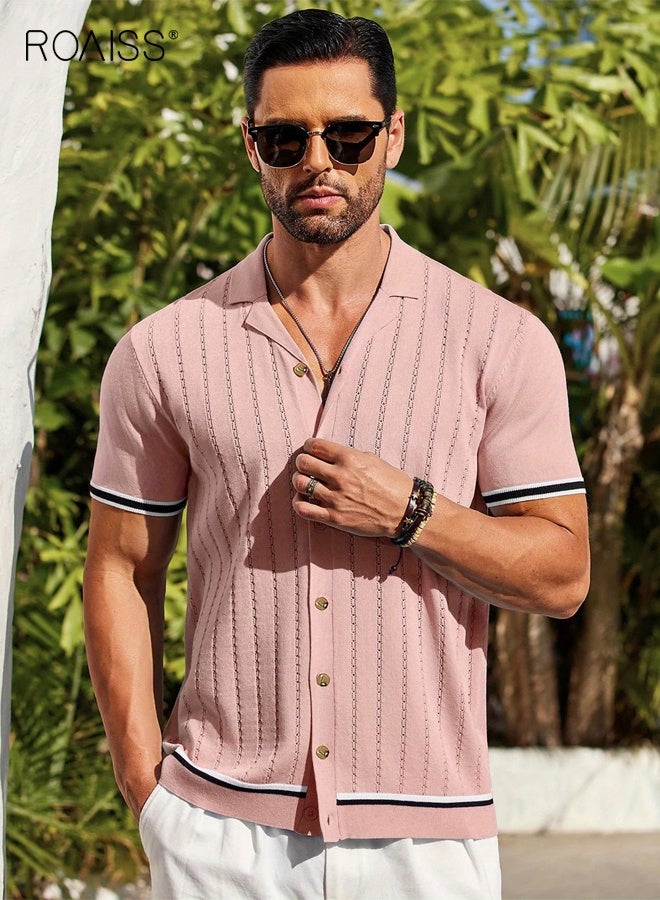 رويس قميص رجالي كاجوال محبوك بأكمام قصيرة مستوحى من الطراز الأوروبي، مصنوع من قماش قابل للتهوية وملمس بارد للصيف مع ملاءمة عصرية ضيقة باللون الوردي - Image 2