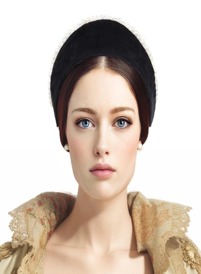 C-ZOFEK Anne Headband Pearl Tudor French Hood Gothic Renaissance Halloween Hair Accessory (Black-B) - Image 1