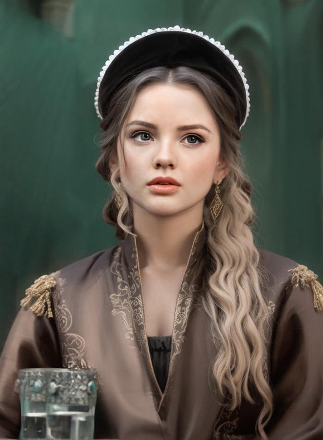 C-ZOFEK Anne Headband Pearl Tudor French Hood Gothic Renaissance Halloween Hair Accessory (Black-B) - Image 3