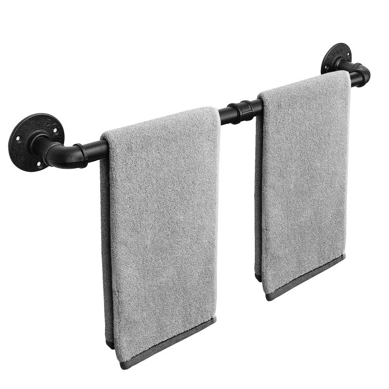 Livabber Industrial Pipe Towel Bar Rustic Iron Decor Bathroom Hardware Towel Holder Accessory Heavy Duty Wall Mounted Bath Towel Rack Black 24 Inch