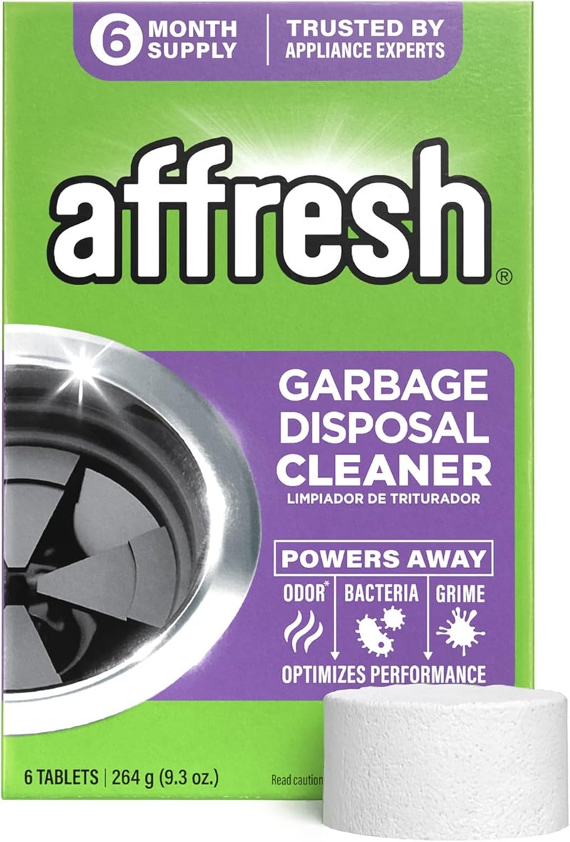 Affresh Garbage Disposal Cleaner, Helps Power Away Odor Causing Bacteria, Debris & Grime in Grind Chamber, Impeller & Drain Pipe, 6 Tablets, 6 Month Supply - Image 1