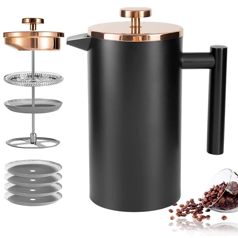 Miuly French Press Coffee Maker 21Oz Stainless Steel Coffee Press with 3 Level Filtration System Double Wall Insulated French Press with 4 Filters and 1 Metal Spoon Black