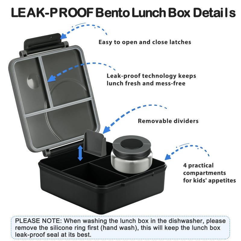 Howeemo Bento Lunch Box Set for Kids with 8oz Soup Thermo, Leak-Proof Lunch Containers with 4 Compartment, Kids Thermo Hot Food Jar and Insulated Lunch Bag for Kid to School-Black - Image 5
