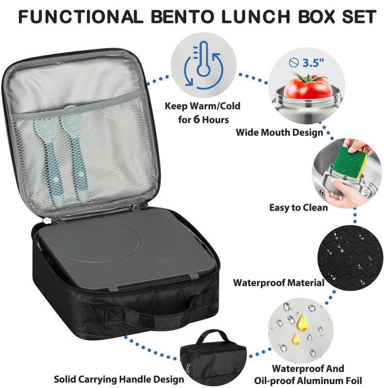 Howeemo Bento Lunch Box Set for Kids with 8oz Soup Thermo, Leak-Proof Lunch Containers with 4 Compartment, Kids Thermo Hot Food Jar and Insulated Lunch Bag for Kid to School-Black - Image 4