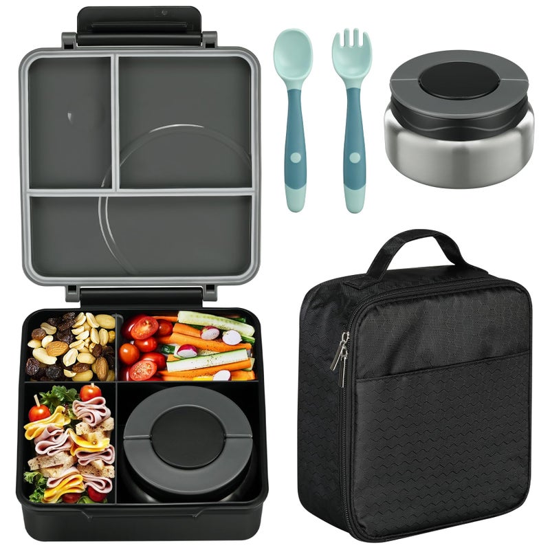 Howeemo Bento Lunch Box Set for Kids with 8oz Soup Thermo, Leak-Proof Lunch Containers with 4 Compartment, Kids Thermo Hot Food Jar and Insulated Lunch Bag for Kid to School-Black - Image 1