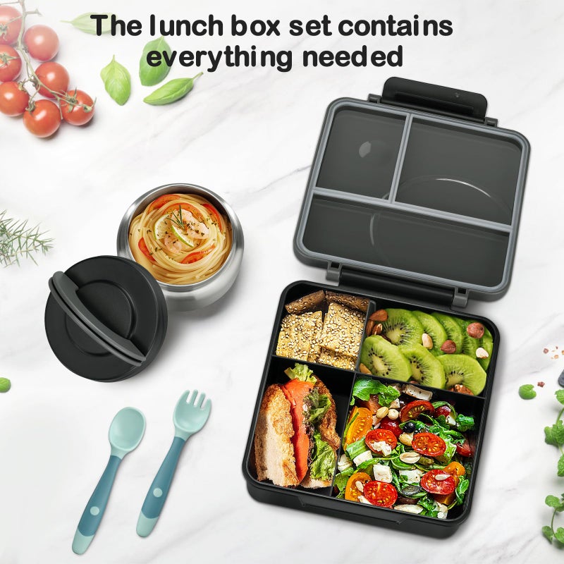 Howeemo Bento Lunch Box Set for Kids with 8oz Soup Thermo, Leak-Proof Lunch Containers with 4 Compartment, Kids Thermo Hot Food Jar and Insulated Lunch Bag for Kid to School-Black - Image 3