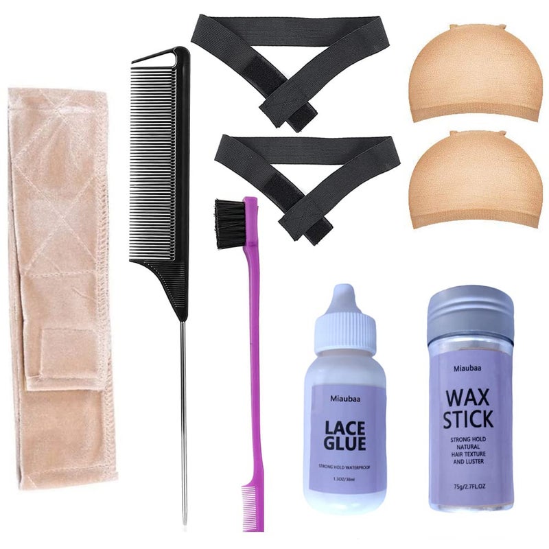 Miaubaa غراء ويغ مياوبا لويغ الدانتيل الأمامي غراء ويغ مع أدوات لويغ عصا شمع الشعر مشط ذيل الجرذ حزام مرن لويغ مجموعة ذوبان الدانتيل لويغ الدانتيل الأمامي للمبتدئين مع غراء 8 قطع