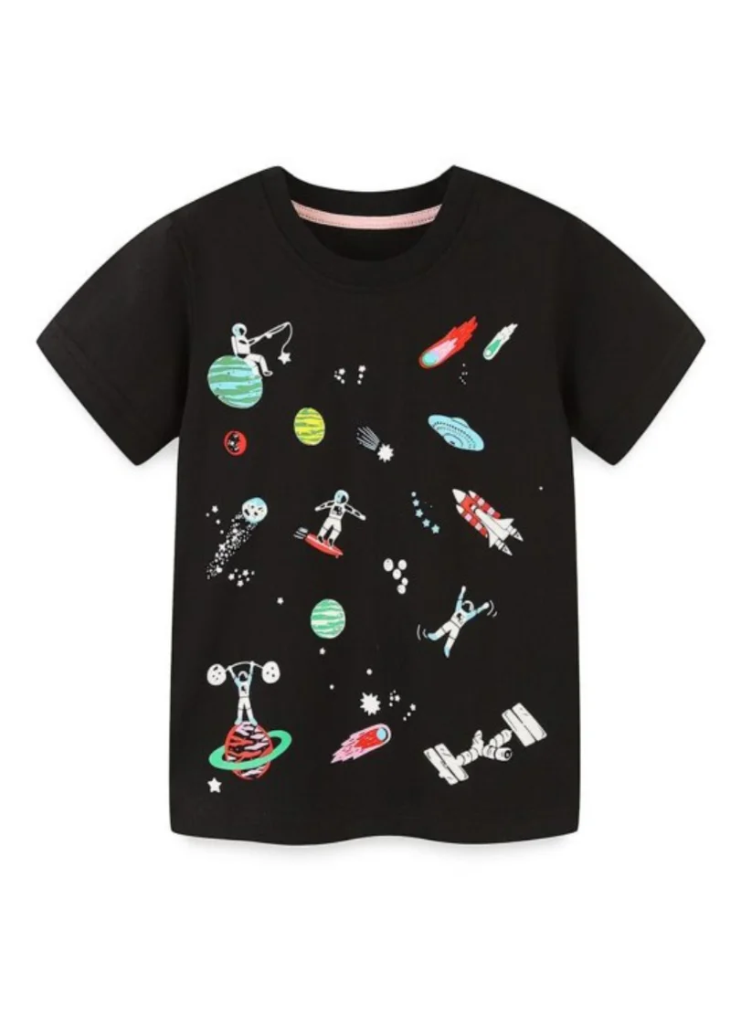 يونيكي Black Graphic Printed Solid Round Neck Cotton T-shirt