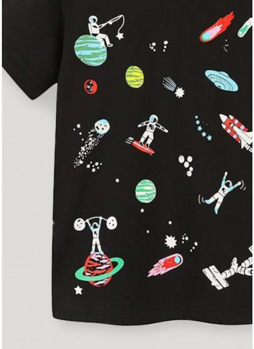 يونيكي Black Graphic Printed Solid Round Neck Cotton T-shirt