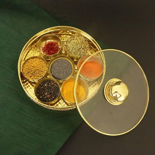 Spillbox Putrika Handcrafted Brass Mini Spice Box Set For Kitchen With Spoon|Brass Masala Box|Masala Dani |Masala Dabba & Spice Container-Mini Masala Box Size 5 - Image 1