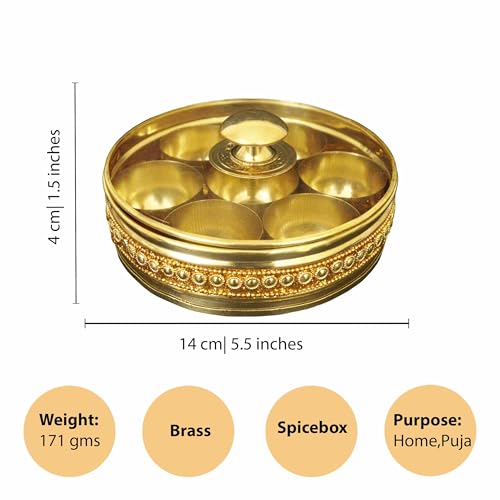 Spillbox Putrika Handcrafted Brass Mini Spice Box Set For Kitchen With Spoon|Brass Masala Box|Masala Dani |Masala Dabba & Spice Container-Mini Masala Box Size 5 - Image 5