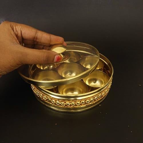 Spillbox Putrika Handcrafted Brass Mini Spice Box Set For Kitchen With Spoon|Brass Masala Box|Masala Dani |Masala Dabba & Spice Container-Mini Masala Box Size 5 - Image 4