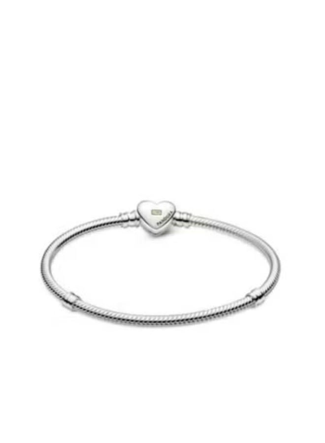 Pan Home سوار فضي بسلسلة ثعبان مع مشبك قلب ذهبي مقبب 18 سم - Image 2